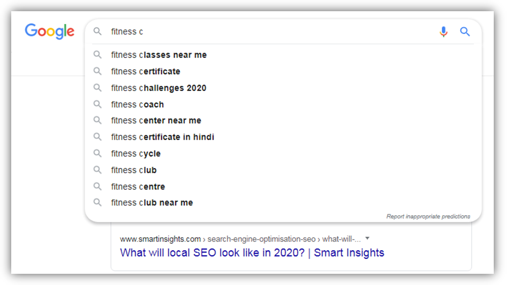 Google suggest fitness search second
