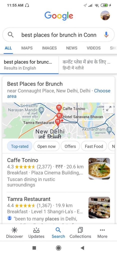 Google-voicsearch good places for brunch in connaught place