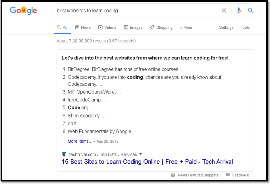Snippets to Enhance Search Experience best websites to learn coding