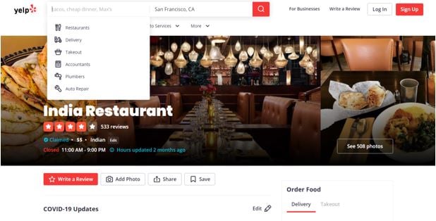 Yelp online review platform