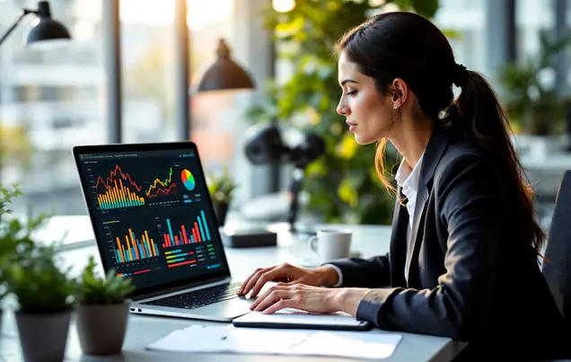Business professional analyzing business information on a laptop